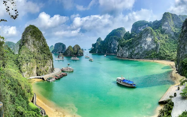 Limestone islands and blue-green water in Ha Long Bay, Vietnam
